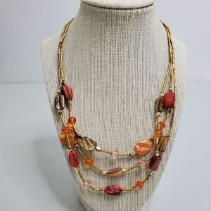 Shell Beaded Necklace Orange Gold‎ Tone Multi Stran